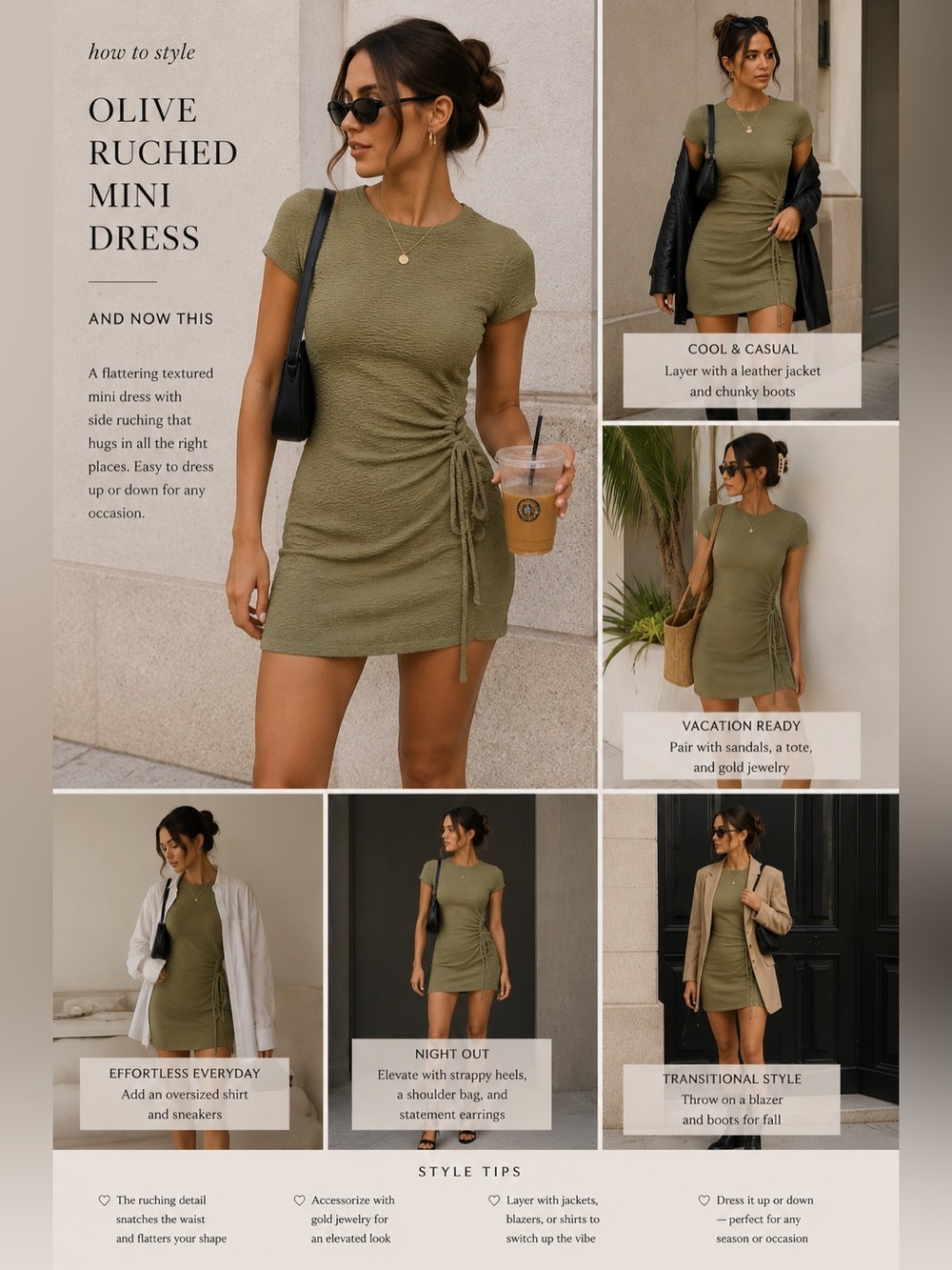 And Now This Olive Green Ruched Mini Dress Textured Bodycon XS
